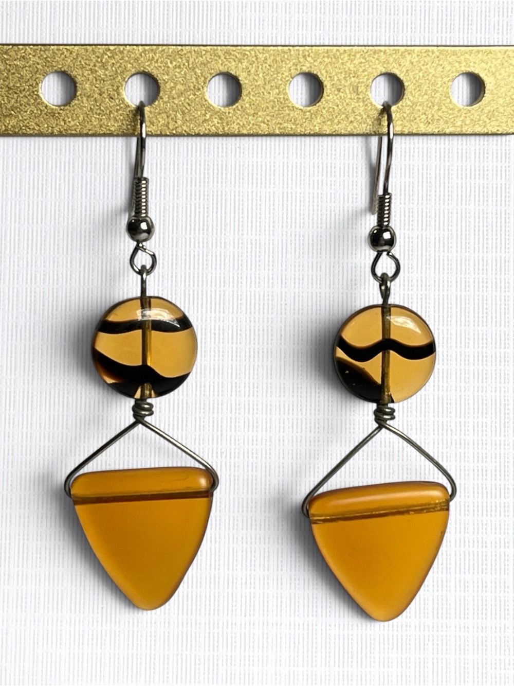 Handmade Amber Glass Silver Tone Wire Drop Earrings Geometric Bohemian Hippie